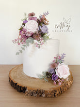 Load image into Gallery viewer, Boho Cake Floral Arrangement: Blush Pink, Purple Foam Roses
