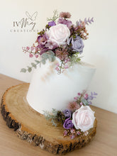 Load image into Gallery viewer, Boho Cake Floral Arrangement: Blush Pink, Purple Foam Roses
