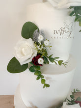 Load image into Gallery viewer, FULL SET Wedding Christening Cake Flower Arrangement Topper &amp; Decorations Roses - Burgundy - white and thistles
