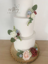 Load image into Gallery viewer, FULL SET Wedding Christening Cake Flower Arrangement Topper &amp; Decorations Roses - Burgundy - Blush Pink - dusty blue
