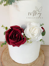 Load image into Gallery viewer, FULL SET Wedding Christening Cake Flower Arrangement Topper &amp; Decorations Roses - Burgundy - white and thistles
