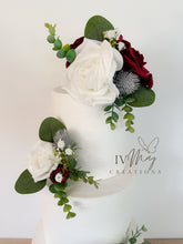Load image into Gallery viewer, FULL SET Wedding Christening Cake Flower Arrangement Topper &amp; Decorations Roses - Burgundy - white and thistles
