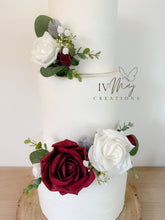 Load image into Gallery viewer, FULL SET Wedding Christening Cake Flower Arrangement Topper &amp; Decorations Roses - Burgundy - white and thistles
