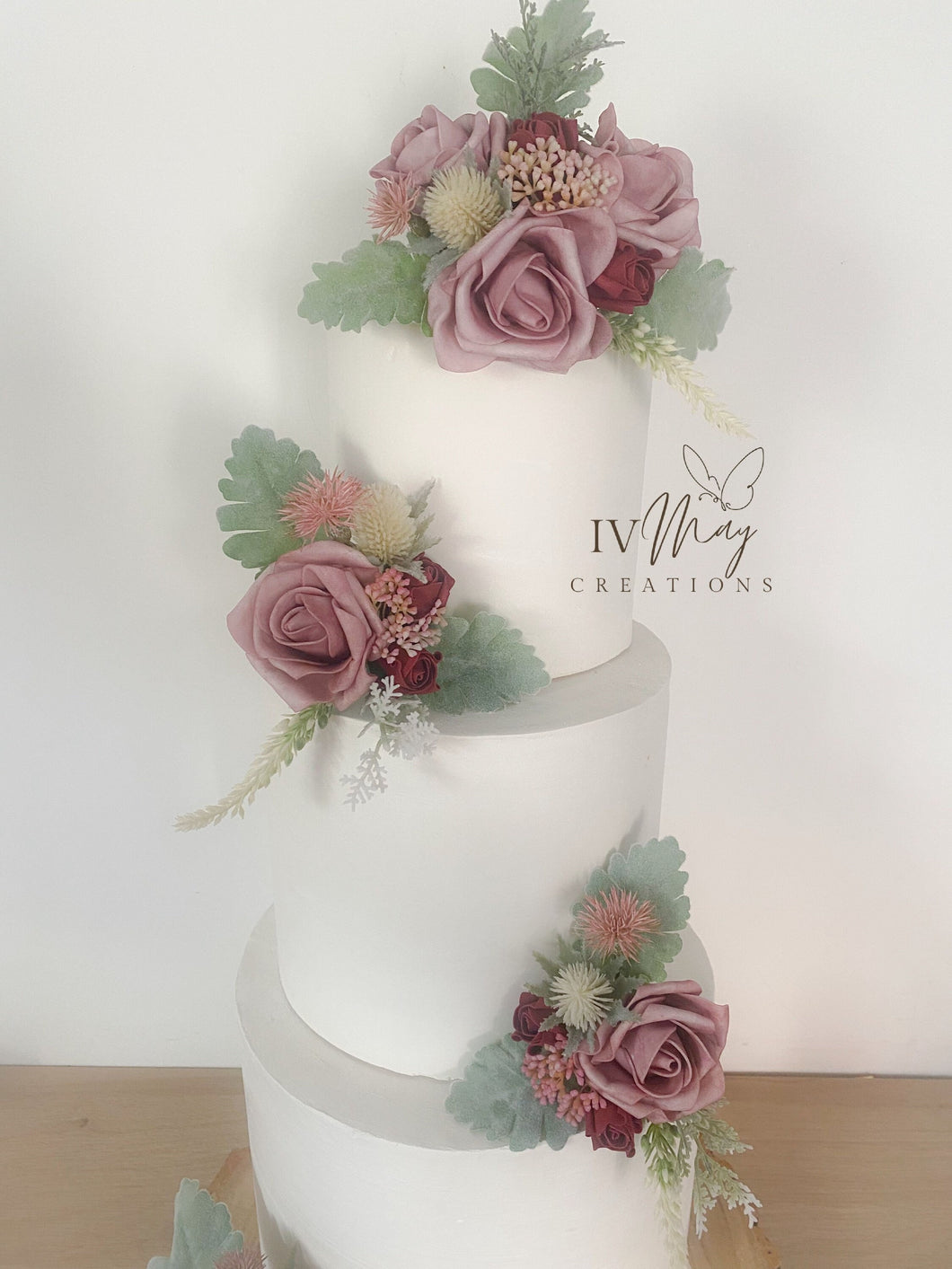 FULL SET Wedding Christening Cake Flower Arrangement Topper & Decorations Roses - Dusty pink - Thistles