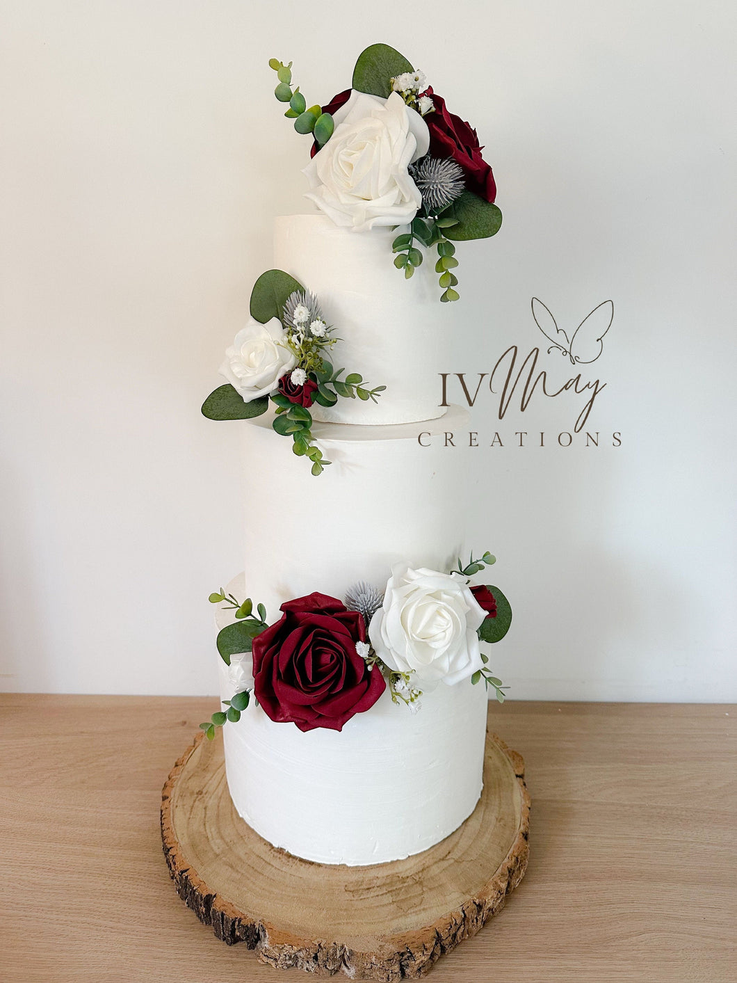 FULL SET Wedding Christening Cake Flower Arrangement Topper & Decorations Roses - Burgundy - white and thistles