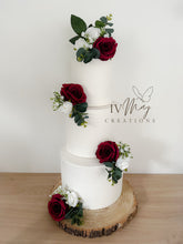 Load image into Gallery viewer, White &amp; Burgundy Silk Roses - Wedding christening cake flower arrangement topper mini eucalyptus roses
