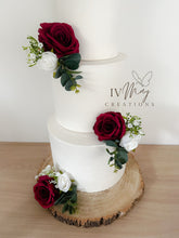 Load image into Gallery viewer, White &amp; Burgundy Silk Roses - Wedding christening cake flower arrangement topper mini eucalyptus roses
