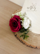 Load image into Gallery viewer, White &amp; Burgundy Silk Roses - Wedding christening cake flower arrangement topper mini eucalyptus roses
