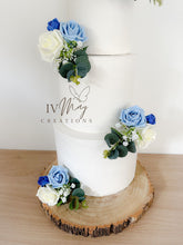 Load image into Gallery viewer, Blue &amp; Ivory Foam Rose Cake Topper: Wedding Christening Flower Arrangement
