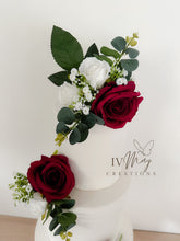 Load image into Gallery viewer, White &amp; Burgundy Silk Roses - Wedding christening cake flower arrangement topper mini eucalyptus roses
