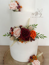 Load image into Gallery viewer, Wedding Cake Flower Arrangement: Blush Pink, Burgundy &amp; Burnt Orange Roses
