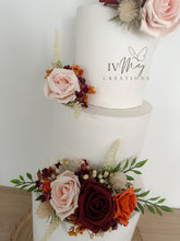 Load image into Gallery viewer, Wedding Cake Flower Arrangement: Blush Pink, Burgundy &amp; Burnt Orange Roses
