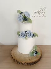 Load image into Gallery viewer, Dusty Blue Rose Cake Topper: Navy Gypsophila Floral Arrangement
