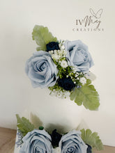 Load image into Gallery viewer, Dusty Blue Rose Cake Topper: Navy Gypsophila Floral Arrangement - Cake Flowet

