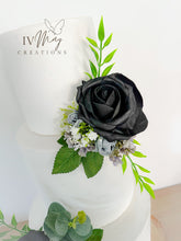 Load image into Gallery viewer, Black &amp; Grey Wedding christening cake flower arrangement topper foam roses more colours available
