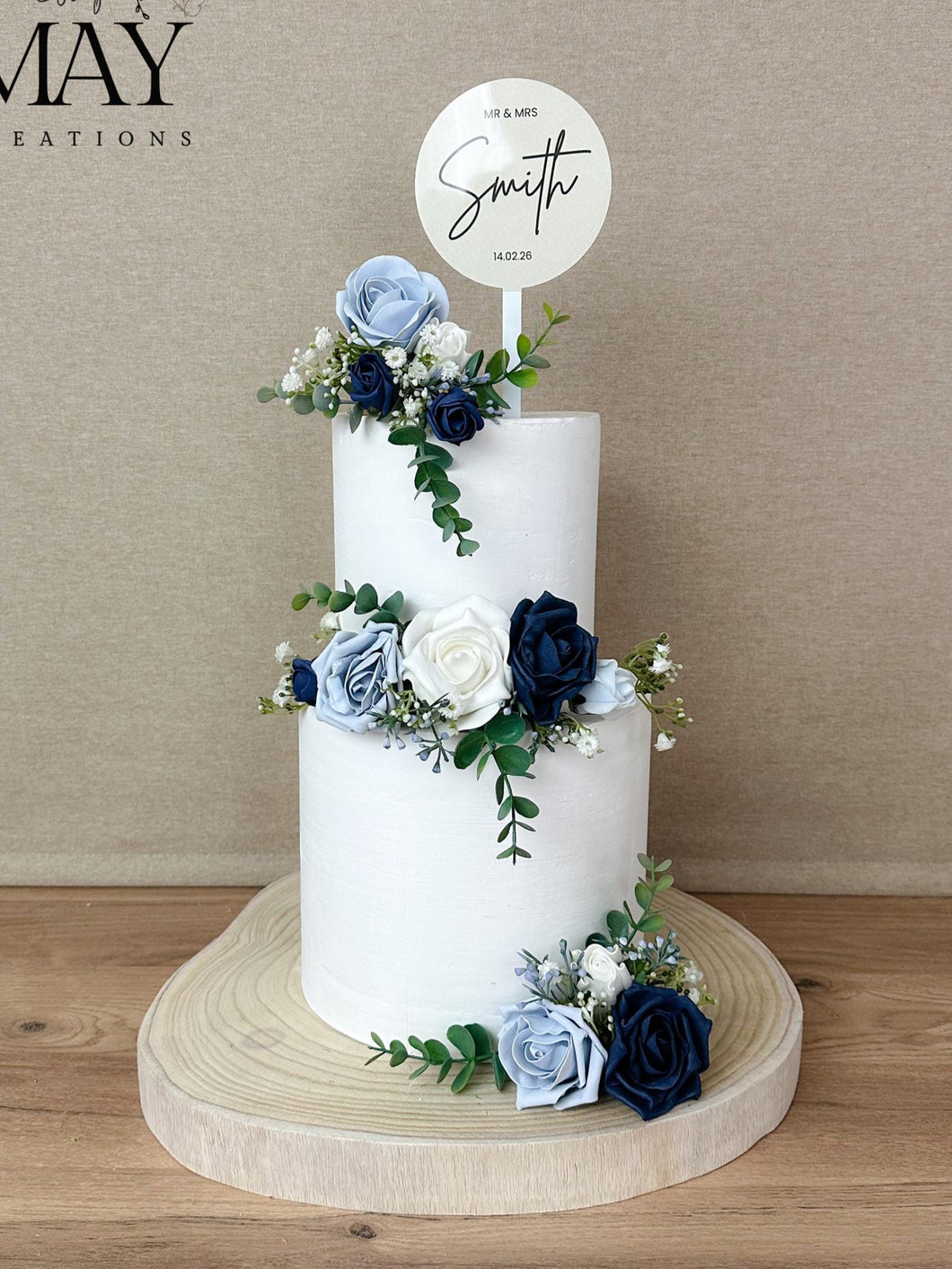 FULL SET Dusty blue and Navy gypsophila eucalyptus leaf cake topper wedding decorations floral arrangement - Custom Personalised Topper