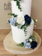 Load image into Gallery viewer, Custom Personalised Topper Dusty blue and Navy gypsophila eucalyptus leaf cake topper wedding decorations floral arrangement
