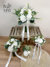 Load image into Gallery viewer, White Rose Wedding Bouquet: Ivory, Sage Green Bridal Flowers
