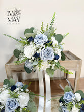 Load image into Gallery viewer, Wedding Bouquet: Navy, Dusty Blue, Sage Foam Rose &amp; Eucalyptus
