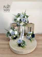 Load image into Gallery viewer, Wedding Bouquet: Navy, Dusty Blue, Sage Foam Rose &amp; Eucalyptus
