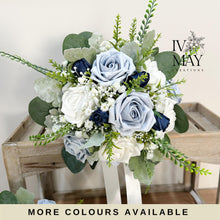 Load image into Gallery viewer, Wedding Bouquet: Navy, Dusty Blue, Sage Foam Rose &amp; Eucalyptus
