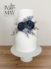 Load image into Gallery viewer, Dusty Blue Silk Rose Cake Topper: Wedding, Christening, Birthday
