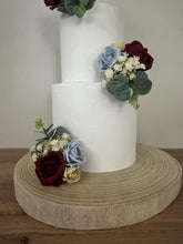 Load image into Gallery viewer, Dusty Blue Burgundy &amp; pale gold Wedding christening cake flower arrangement topper mini eucalyptus roses more colours available
