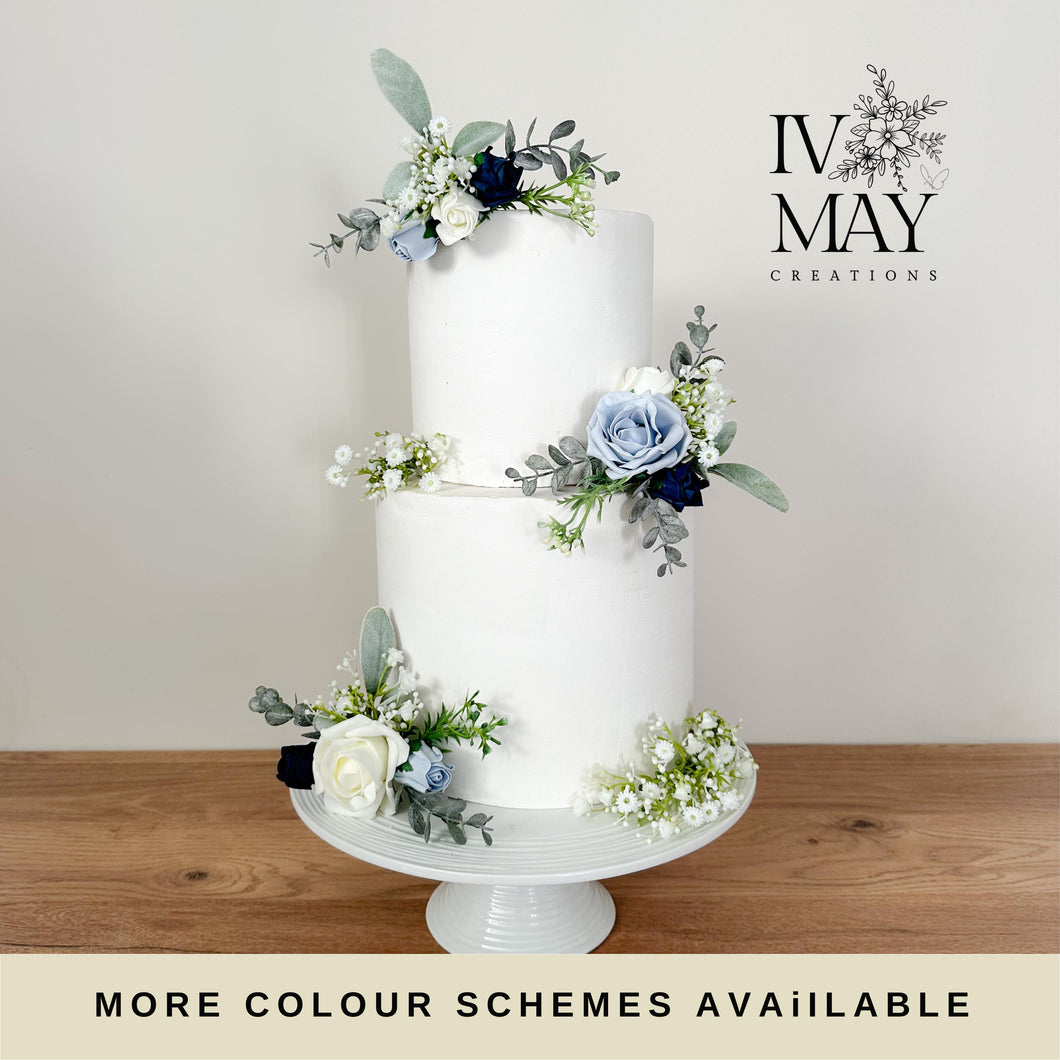 FULL SET Dusty blue and Navy Blue gypsophila eucalyptus leaf cake topper wedding decorations floral arrangement - Custom Colours available