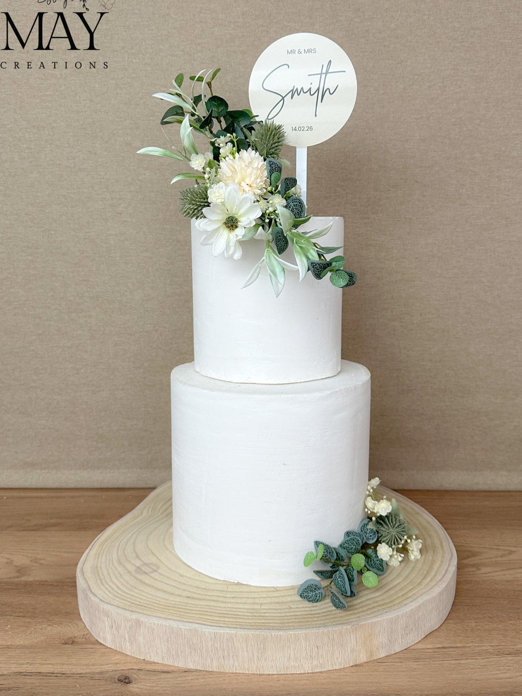 Personalised Cake Topper & Flowers - Wedding Cake Flowers - Cake Topper - Sage green - thistle Christening / Birthday cake decoration Custom