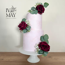 Load image into Gallery viewer, Burgundy Silk Rose Cake Topper: Wedding Christening Flower Arrangement
