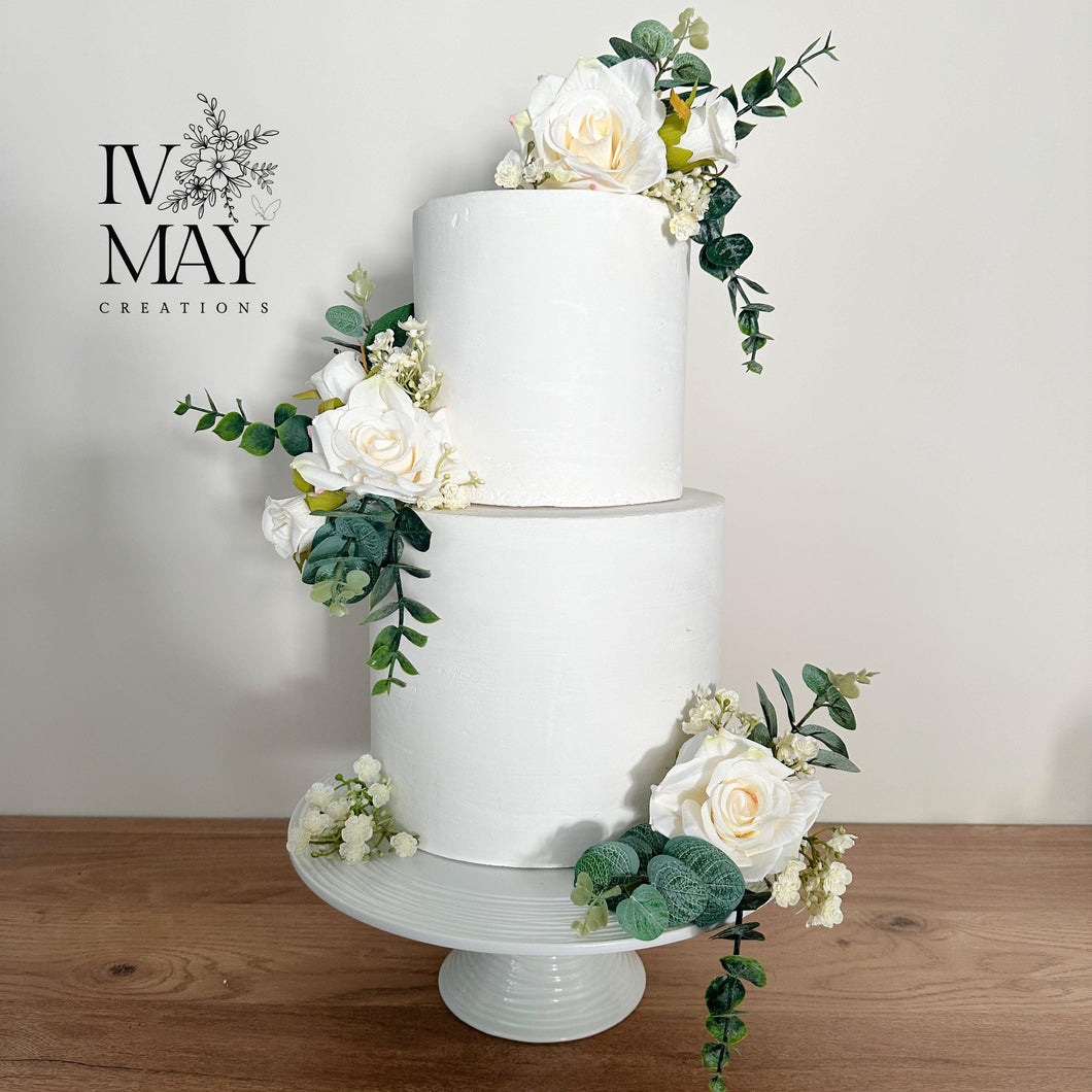 FULL SET cake flowers - Artificial Silk cake flowers - Cream roses - gypsophila eucalyptus leaf wedding decorations floral arrangement