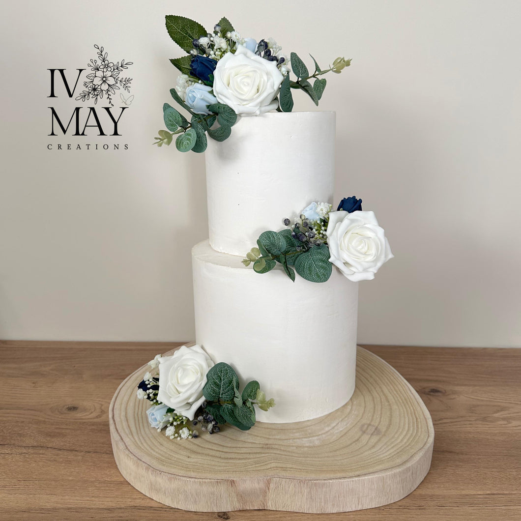 DUSTY BLUE NAVY Wedding christening cake flower arrangement topper mini eucalyptus roses more colours available