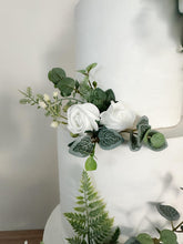 Load image into Gallery viewer, FULL SET cake flowers - Artificial Silk cake flowers - White roses - gypsophila eucalyptus leaf wedding decorations floral arrangement
