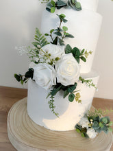 Load image into Gallery viewer, FULL SET cake flowers - Artificial Silk cake flowers - White roses - gypsophila eucalyptus leaf wedding decorations floral arrangement
