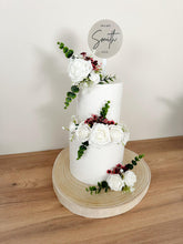 Load image into Gallery viewer, FULL SET White and Burgundy Red gypsophila eucalyptus leaf cake topper wedding decorations floral arrangement - Custom Personalised Topper
