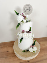 Load image into Gallery viewer, FULL SET White  and Mauve Purple gypsophila eucalyptus leaf cake topper wedding decorations floral arrangement - Custom Personalised Topper
