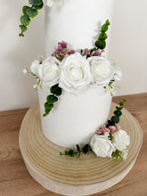 Load image into Gallery viewer, FULL SET White  and Mauve Purple gypsophila eucalyptus leaf cake topper wedding decorations floral arrangement - Custom Personalised Topper
