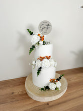 Load image into Gallery viewer, FULL SET White and Burnt Orange gypsophila eucalyptus leaf cake topper wedding decorations floral arrangement - Custom Personalised Topper
