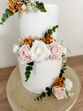 Load image into Gallery viewer, White Blush Pink Burnt Orange gypsophila eucalyptus leaf cake topper wedding decorations floral arrangement - Custom Personalised Topper
