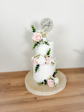 Load image into Gallery viewer, White Blush Pink and Cream gypsophila eucalyptus leaf cake topper wedding decorations floral arrangement - Custom Personalised Topper
