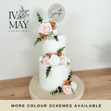 Load image into Gallery viewer, White Blush Pink Burnt Orange gypsophila eucalyptus leaf cake topper wedding decorations floral arrangement - Custom Personalised Topper
