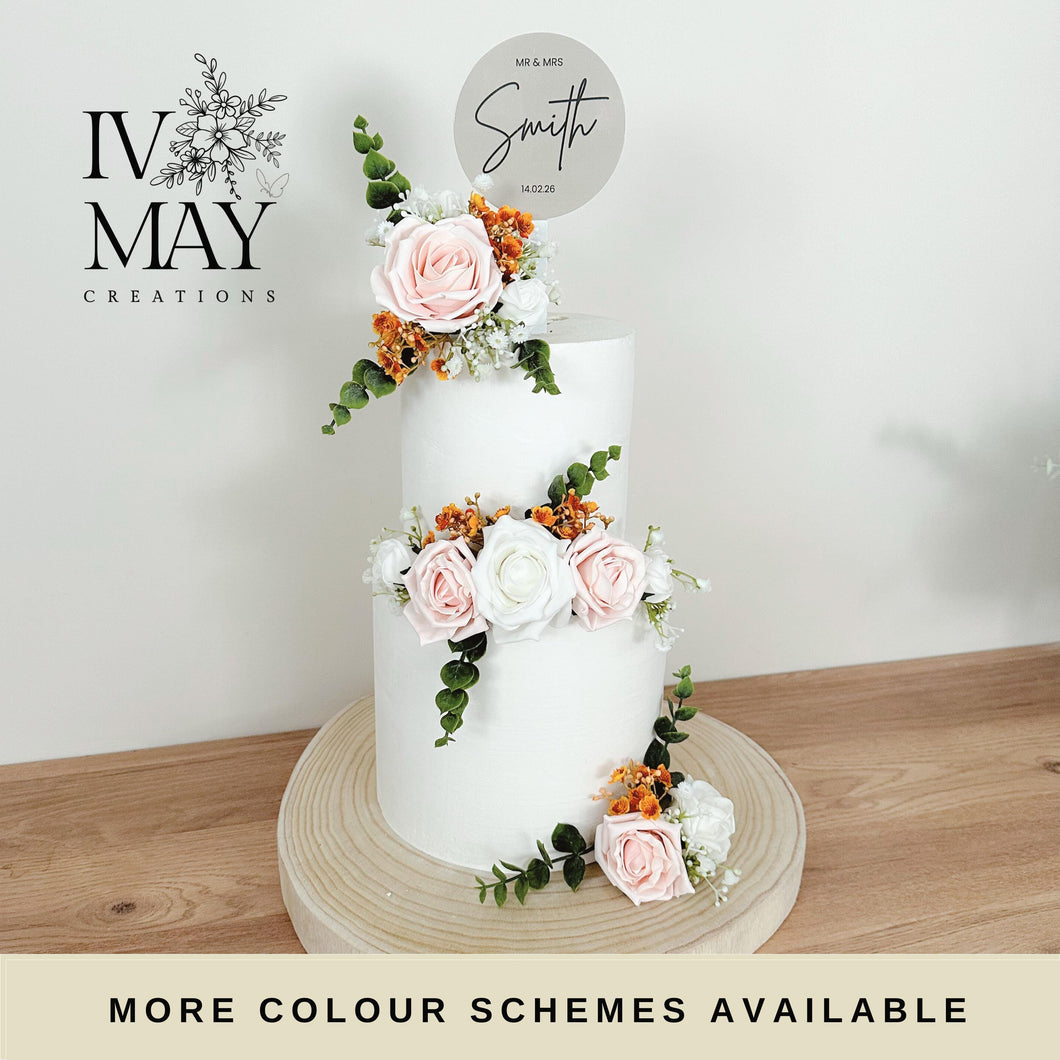 White Blush Pink Burnt Orange gypsophila eucalyptus leaf cake topper wedding decorations floral arrangement - Custom Personalised Topper