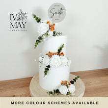 Load image into Gallery viewer, FULL SET White and Burnt Orange gypsophila eucalyptus leaf cake topper wedding decorations floral arrangement - Custom Personalised Topper
