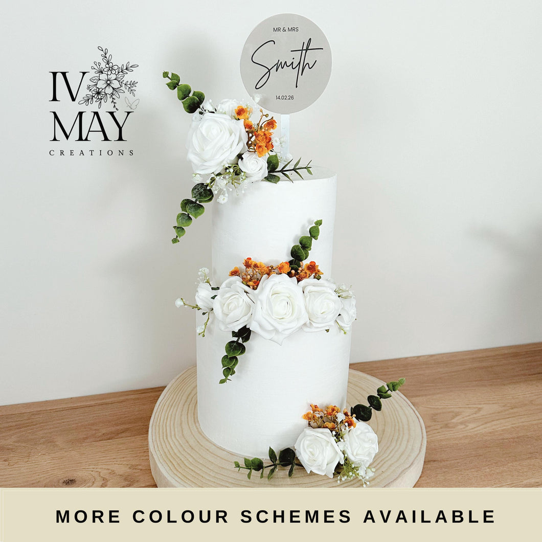 FULL SET White and Burnt Orange gypsophila eucalyptus leaf cake topper wedding decorations floral arrangement - Custom Personalised Topper