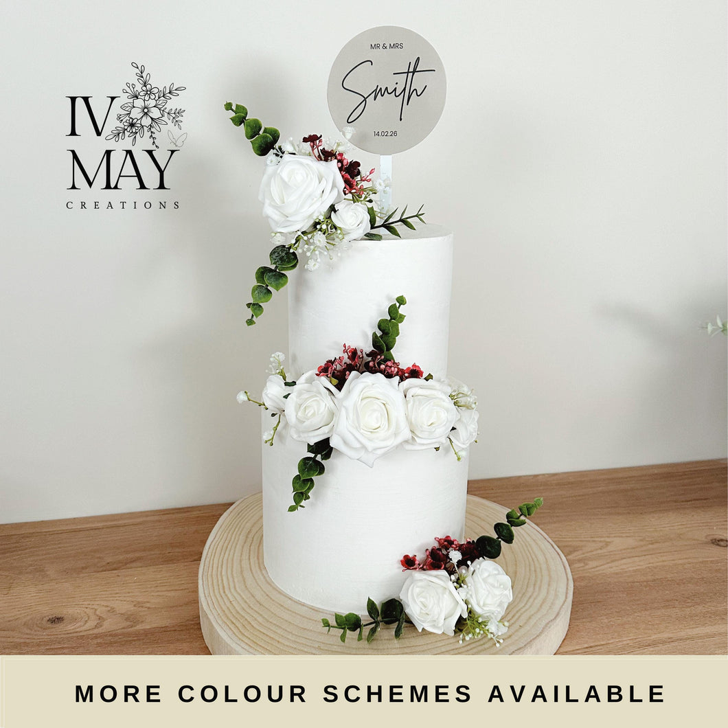 FULL SET White and Burgundy Red gypsophila eucalyptus leaf cake topper wedding decorations floral arrangement - Custom Personalised Topper