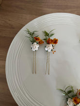 Load image into Gallery viewer, Wedding Hair accessories and Corsage - Hair Flowers - Green Cream / Ivory and Burnt Orange Hair Comb - Bobby Pin - Hair Grips - Prom

