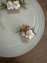 Load image into Gallery viewer, Wedding Hair accessories and Corsage - Hair Flowers - Green Cream / Ivory and Burnt Orange Hair Comb - Bobby Pin - Hair Grips - Prom

