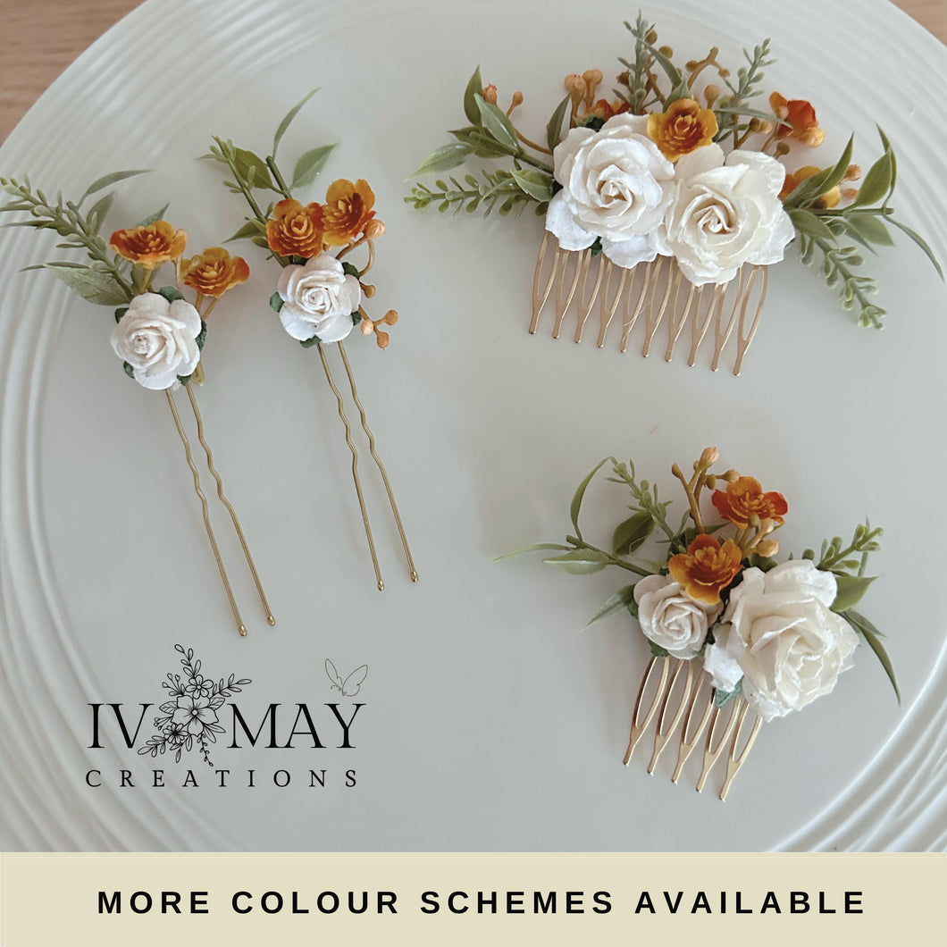 Wedding Hair accessories and Corsage - Hair Flowers - Green Cream / Ivory and Burnt Orange Hair Comb - Bobby Pin - Hair Grips - Prom