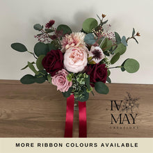 Load image into Gallery viewer, Blush Pink Wedding Bouquet: Silk Burgundy Roses, Sage Green Foliage

