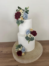 Load image into Gallery viewer, Dusty Blue &amp; Burgundy Rose Cake Topper: Wedding Christening Flower Arrangement
